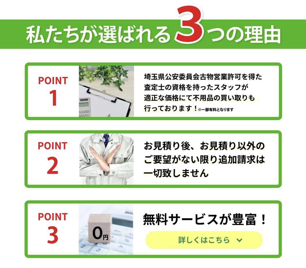 私たちが選ばれる３つの理由。ポイント１、埼玉県公安委員会古物営業許可を得た業者、査定士の資格を持ったスタッフが適正な価格にて不用品の買取も行っております。ポイント２、お見積り後、お見積り以外のご要望がない限り追加請求は一切致しません。ポイント３、無料サービスが豊富